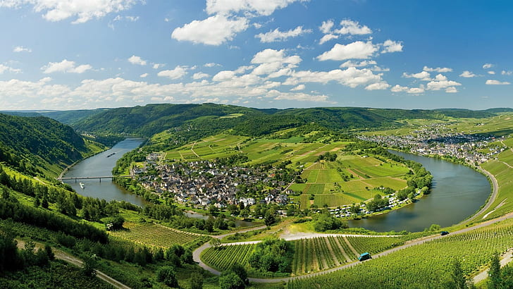 Germany, Mosel, houses, river, fields, trees, mountains, clouds, HD wallpaper