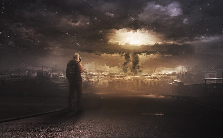 silhouette of man painting, war, nuclear, gas masks, apocalyptic, HD wallpaper