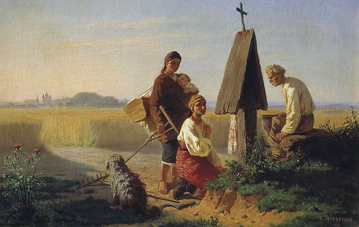 flowers, oil, dog, cross, well, Canvas, 1863, the peasants