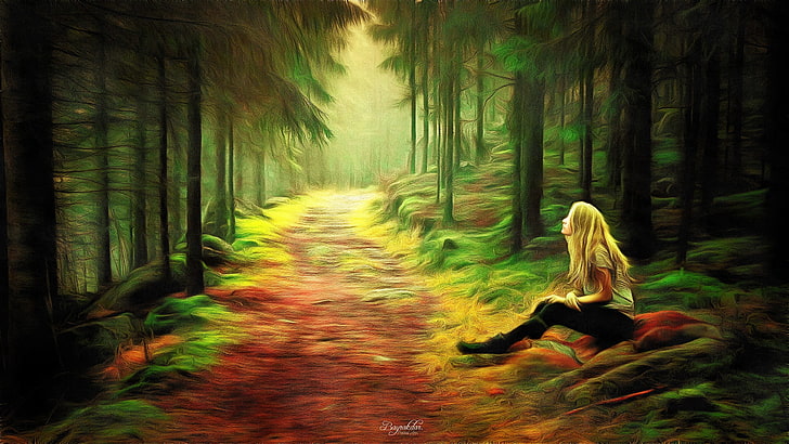 woman sits beside road surrounded with trees painting, forest