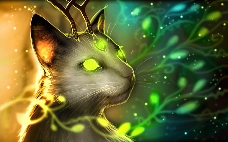 white cat with green eyes and brown antler wallpaper, fantasy art