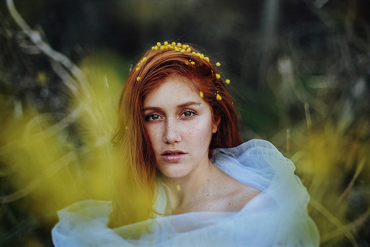 redhead, women, yellow, yellow flowers, plants, portrait, one person
