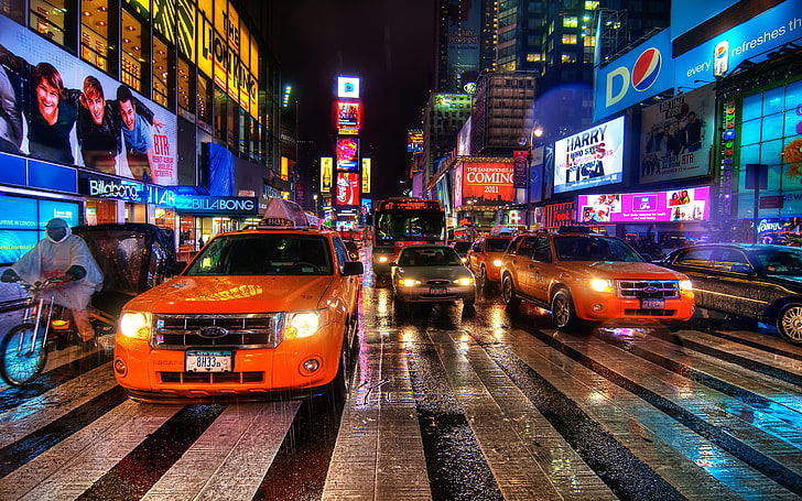 orange cars, new york, night, taxi, pedestrian crossing, new York City, HD wallpaper
