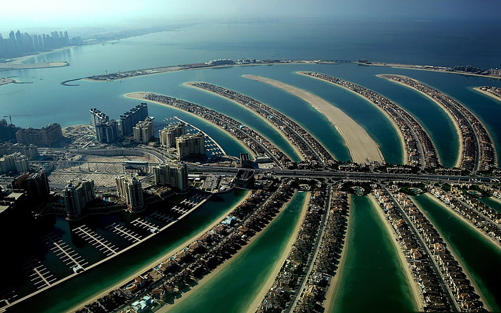 aerial view of city near body of water, Palma, island, home, Dubai