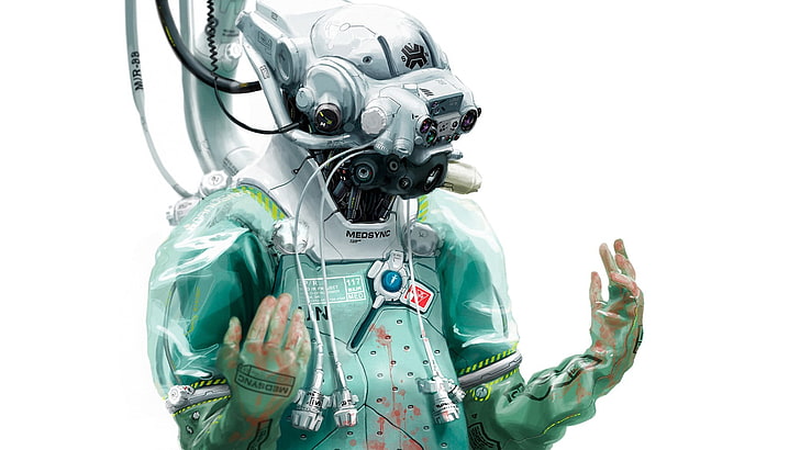 white mask, cyberpunk, robot, machine, science fiction, white background