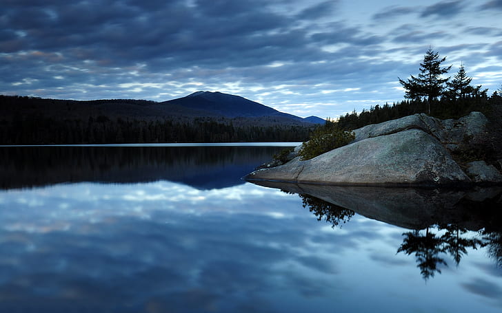 Dark blue sky clouds, lake water, reflection, forest, mountains, morning scenery