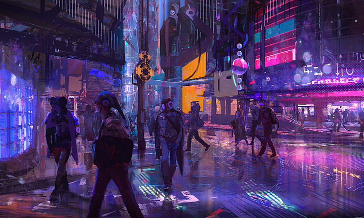 artwork, cyberpunk, rain, night, urban, neon