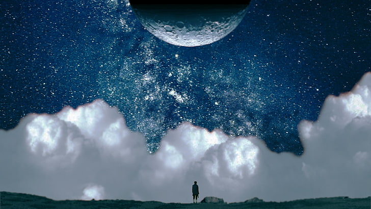 person under Milky Way galactic center wallpaper, sky, blue, clouds