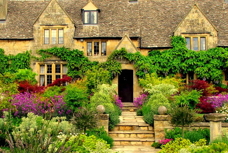 English Manor, trees, house, brick house, garden, england, flowers, HD wallpaper