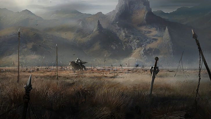 PC game illustration, nature, horse, warrior, mountain, environment