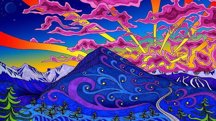 artwork, Colorful, Hill, lines, Moon, mountain, nature, psychedelic