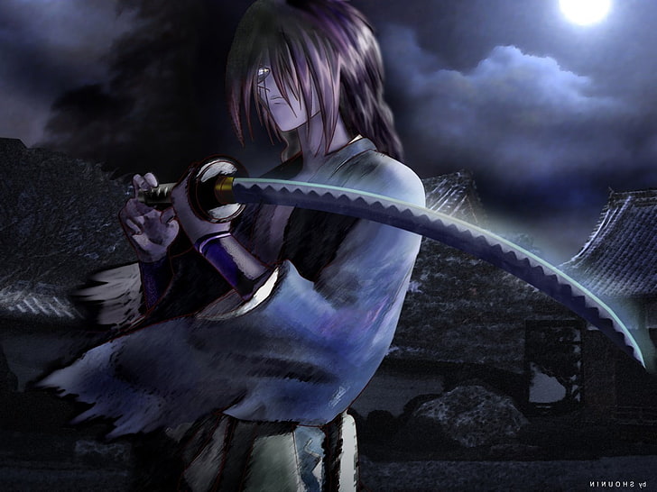 anime, Himura Kenshin, Rurouni Kenshin, sword, one person, night, HD wallpaper