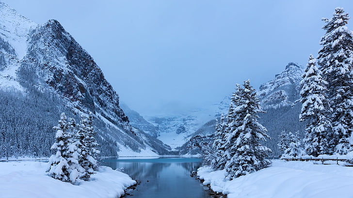snowy riverbank, winter, trees, mountains, lake, ate, Canada