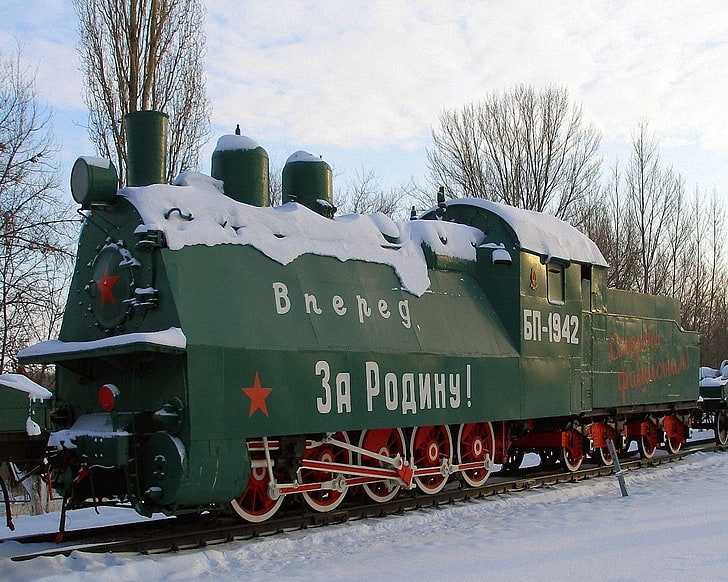 Armoured train, USSR, steam locomotive, winter, text, day, nature