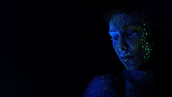 woman's face, photography, body paint, blue, green, glowing, studio shot