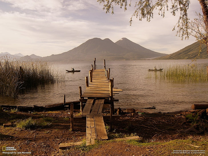 nature, pier, landscape, boat, Guatemala, Atitlán Lake, National Geographic, HD wallpaper