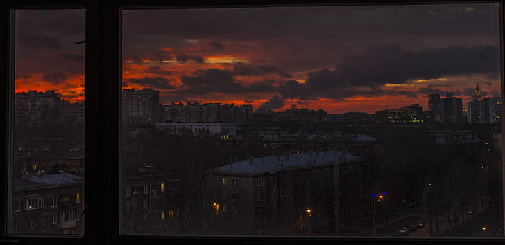 city, Russia, factory, evening, orange, sunset, gloomy, HD wallpaper