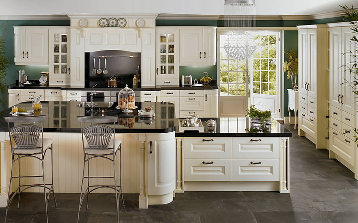 white kitchen cabinet, headsets, doors, interior, chandelier, HD wallpaper