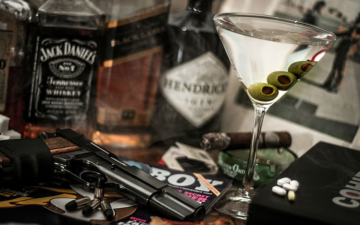alcohol, ammunition, bullets, daniel 039 s, handgun, jack, martini, HD wallpaper