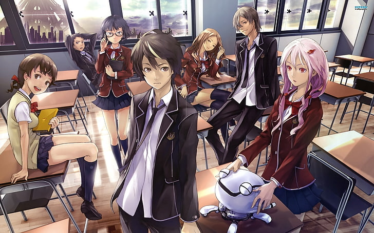 group of anime character digital wallpaper, guilty crown, students