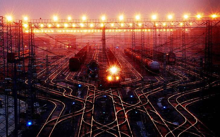 black train, digital art, train station, railway, night, lights
