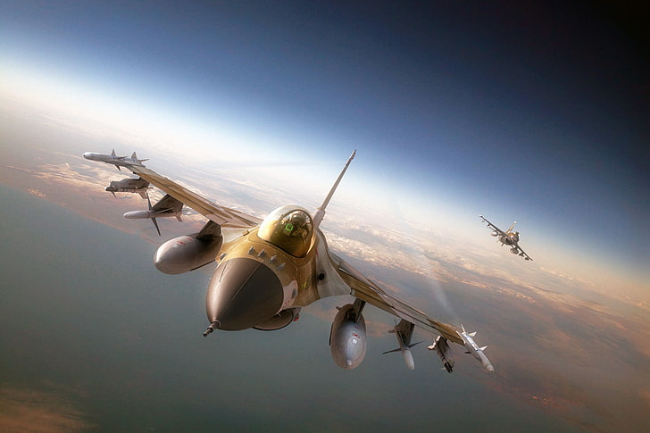brown fighter jet wallpaper, aviation, missiles, the plane, F-16, HD wallpaper