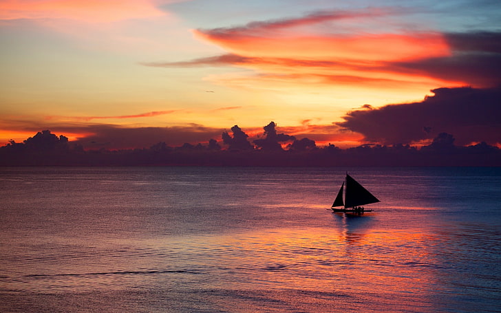 black sailboat, water, landscape, sailing ship, sky, clouds, sunlight