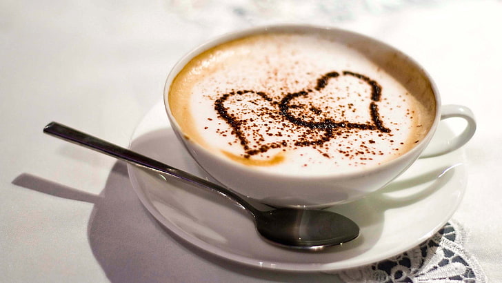 cappuccino, romantic, coffee, cocoa, cup, drink, cafe, beverage, HD wallpaper