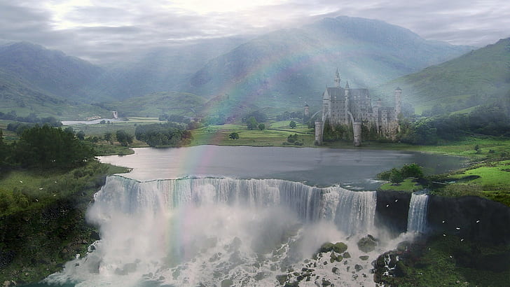 fantasy art, castle, digital art, waterfall, landscape, mountains