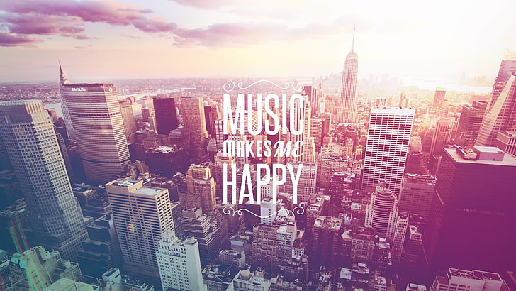 Music Makes Me Happy poster, city skyline illustration with Music makes me happy text overlay