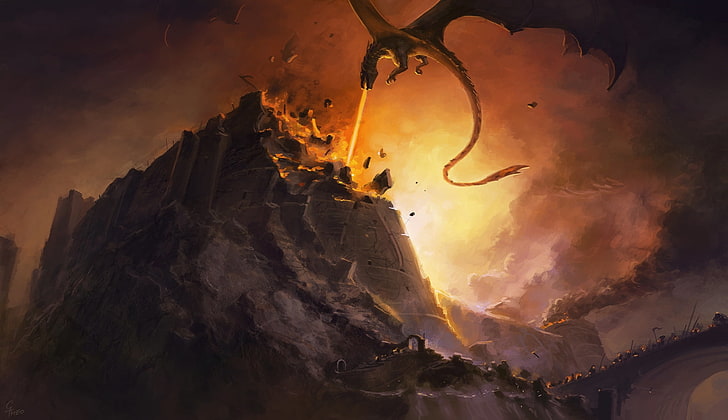 Dragon breathing fire to castle illustration, destruction, battle