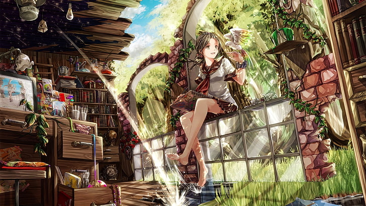 anime girl, fantasy world, sitting, bird, books, artist, water