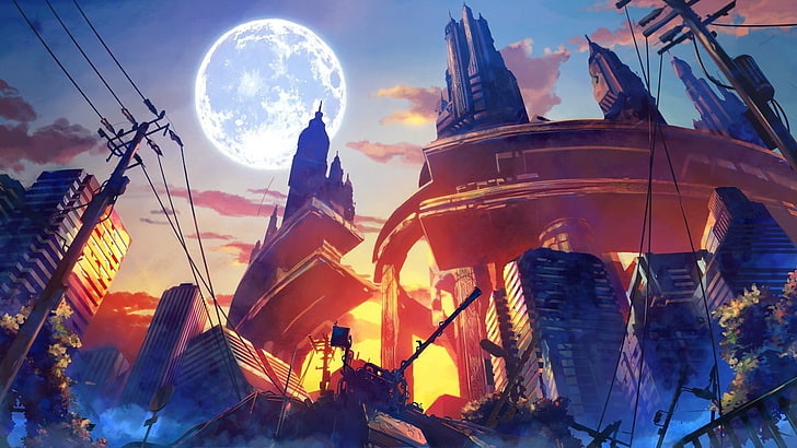 high-rise buildings illustration, fantasy art, anime, destruction