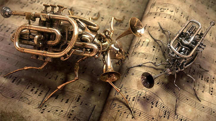 brass trumpet, steampunk, music, trumpets, insect, digital art, HD wallpaper