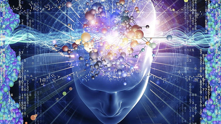 human, brain, blue, computer, numbers, head, art, special effects, HD wallpaper