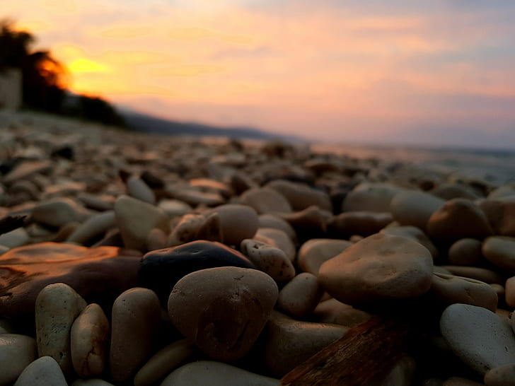 Zakynthos, stones, beach, sunrise, coast, HD wallpaper