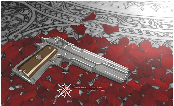 silver pistol, gun, weapons, petals, Vampire Knight, handgun, HD wallpaper