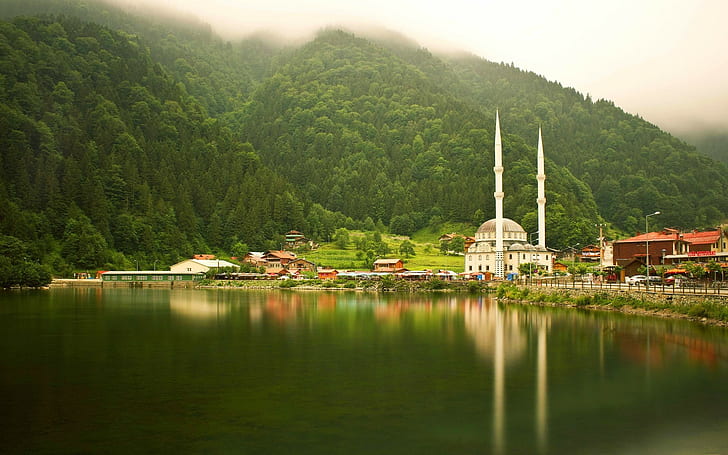 reflection, forest, Turkey, mosque, nature, Uzungöl, hills, HD wallpaper