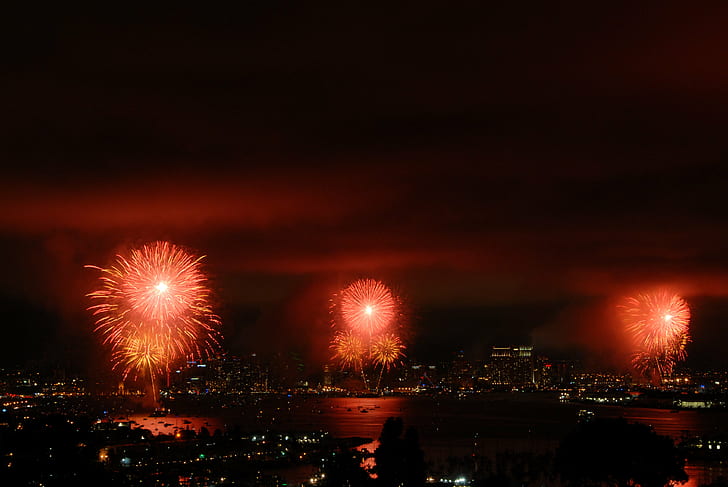red fireworks and city buildings, Big Bay Boom, Port of San Diego, HD wallpaper