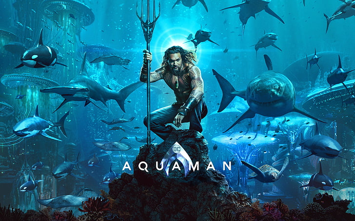 Jason Momoa, Aquaman, 2018, 4K, Marvel Comics, water, large group of animals, HD wallpaper