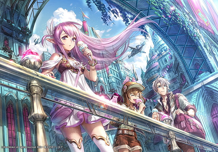 anime, sky, original characters, city, ice cream, pink hair, HD wallpaper