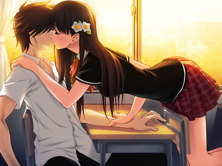 woman kissing man illustration, school uniform, anime girls, real people