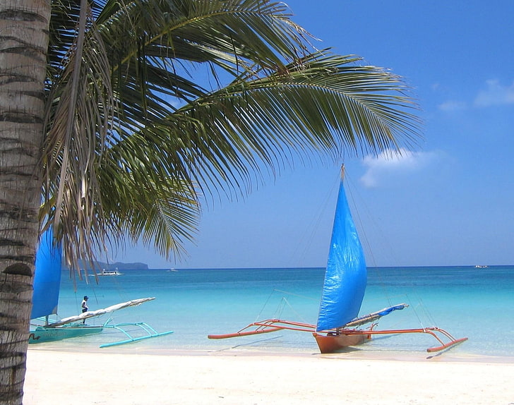 blue and brown sailboat, coast, beach, person, sea, vacations, HD wallpaper