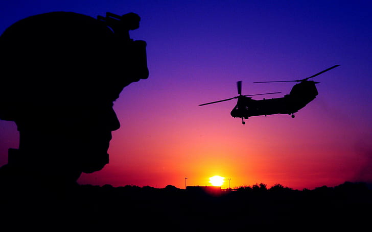 CH 46 Sea Knight Cargo Helicopter, silhouette of man and helicopter