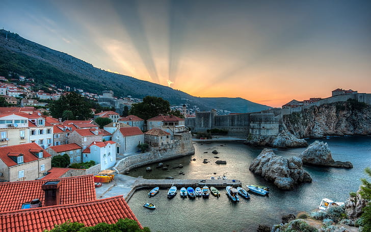 Dubrovnik, Croatia, harbor, boats, sunrise, houses, sea