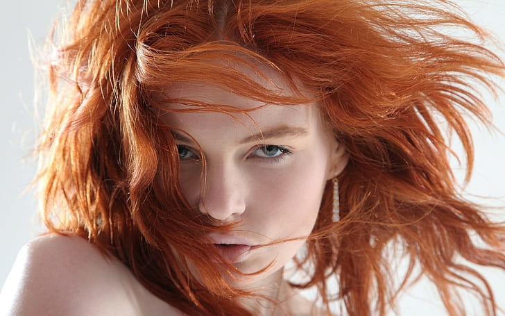 women, face, redhead, blue eyes, model, juicy lips, HD wallpaper