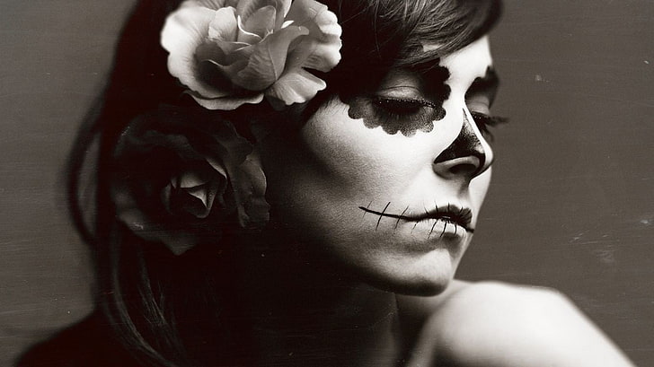 grayscale photography of woman, Sugar Skull, sepia, Dia de los Muertos