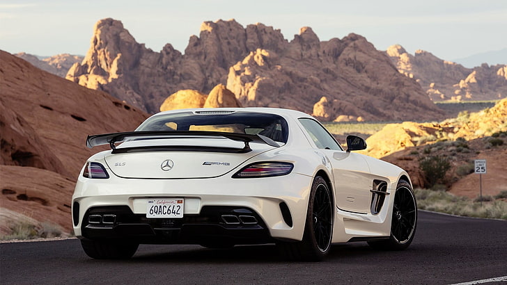 white Mercedes-Benz SLS AMG coupe, supercars, mode of transportation