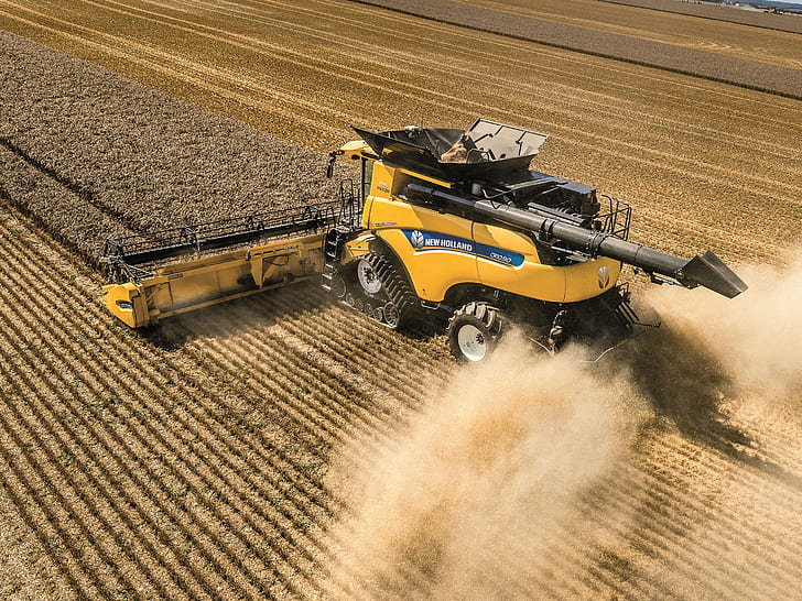 Field, Dust, Wheat, 2018, Grain, Harvester, Track, New Holland, HD wallpaper