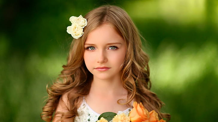 Girl, head, long hair, flowers, cute little girl, HD wallpaper